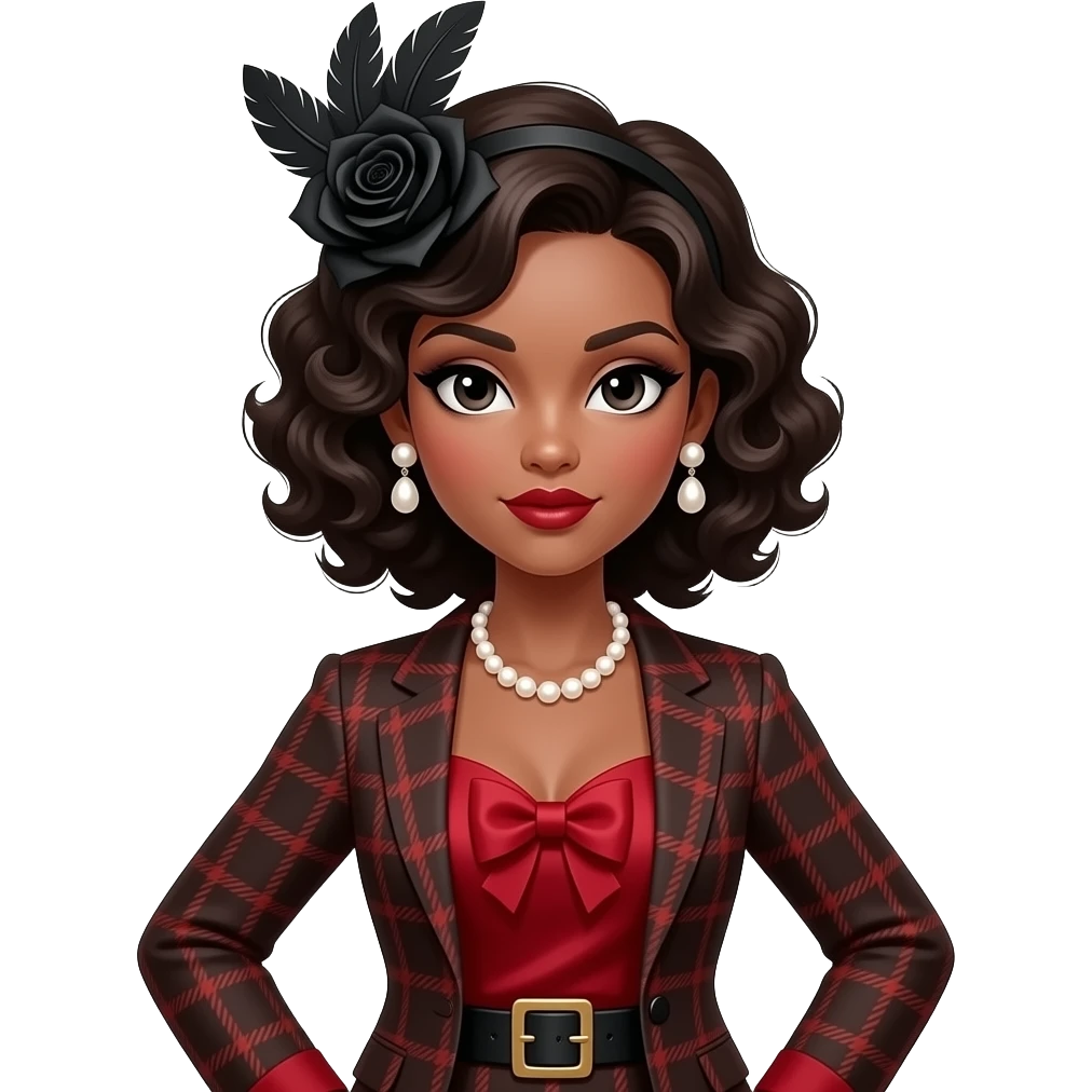 A medium shot of a stylish Black girl with dark wavy vintage curls, wearing a black feathered fascinator with a black rose, bold dark makeup, pearl jewelry, and a brown and red plaid blazer over a deep red satin top with a large bow, and a belt with a square buckle. emoji