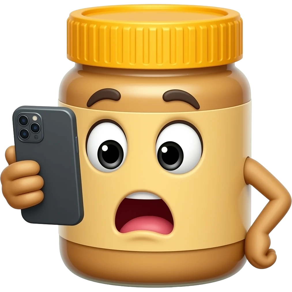 An anthropomorphic jar of peanut butter looks at their phone with a shocked face emoji