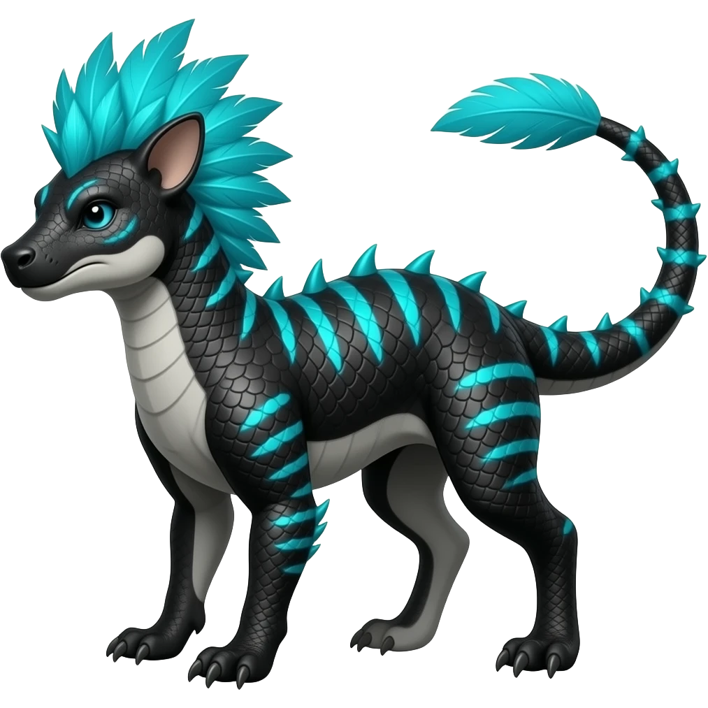 Cool edgy ancient black-scaled with neon-blue stripe markings digitigrade bipedal vintage futuristic raptorik fantasy-Cyberpunk-Steampunk-Solarpunk-Genesect-Salamence-Cyclizar-Salazzle-Feraligatr-Fakémon-animal-hybrid, with neon feather-mane, and a tail blade, back spikes, full body emoji