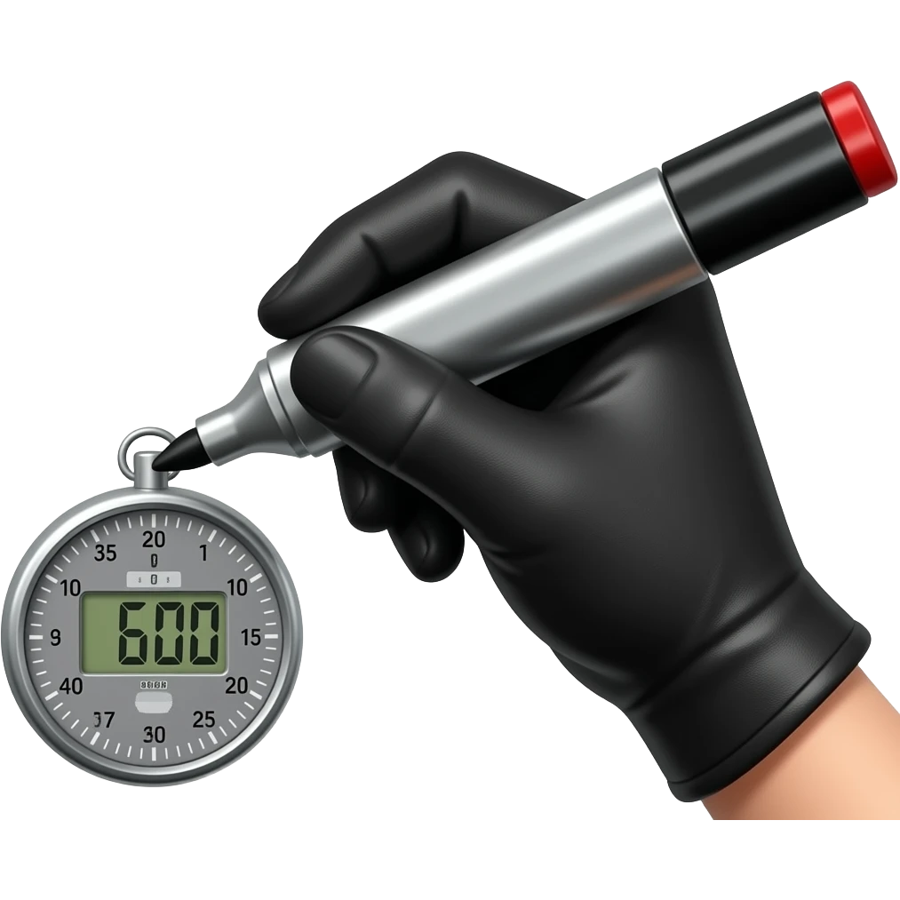female hand in black simple glove writing with big bold metallic marker, small display timer on the marker emoji