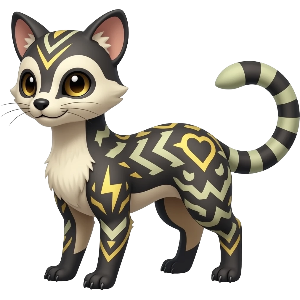 scaly spunky Realistic tall slim unique fantasy original shiny edgy cool Civet-Absol-Sprigatito-Vaporeon-Fakémon-hybrid with tribal chevron heart floral lightning bolt strikes damask paisley markings emoji
