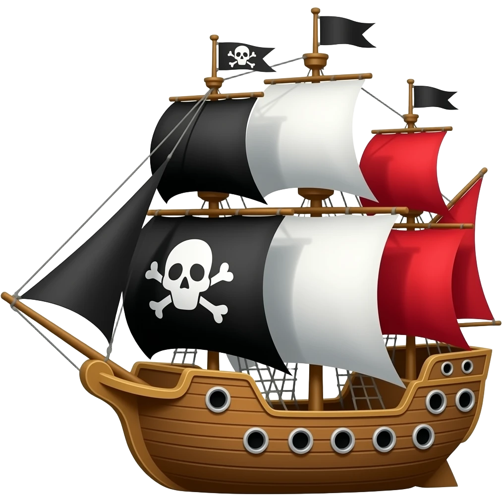 Grand Bateau de pirate avec Voile de couleur noir l'avant, le milieu blanche, et l'arrière rouge emoji