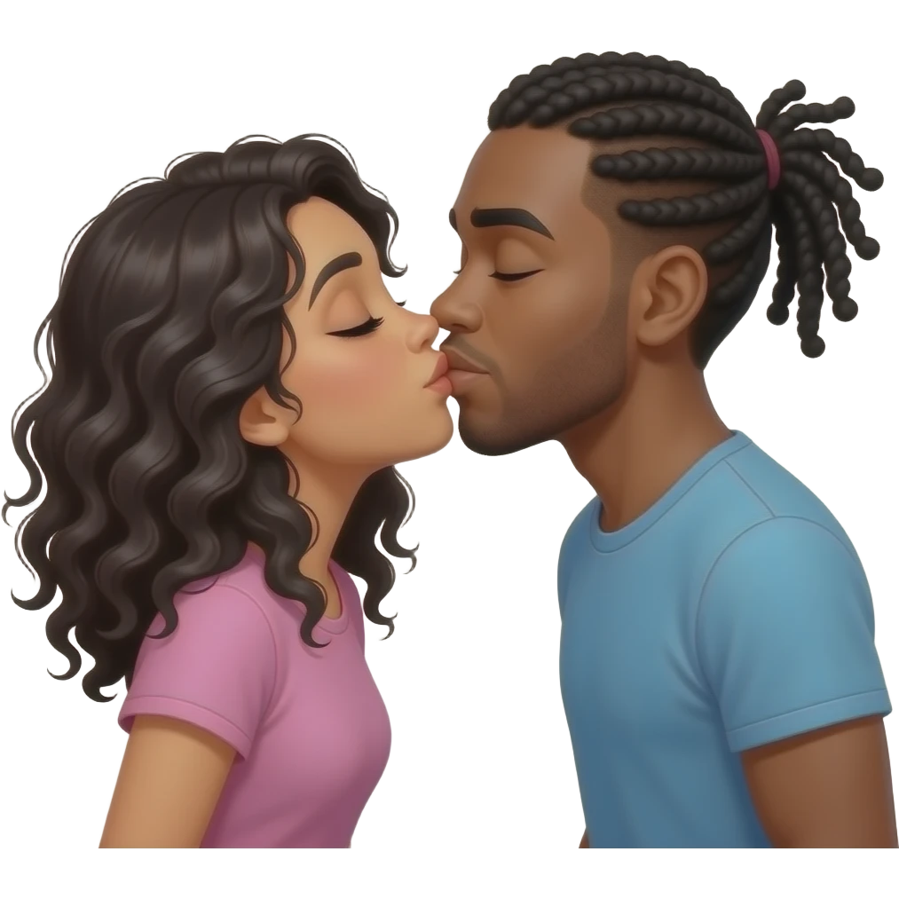 Black hair Hispanic girl with wavy hair and black guy with black cornrows straight back kissing emoji