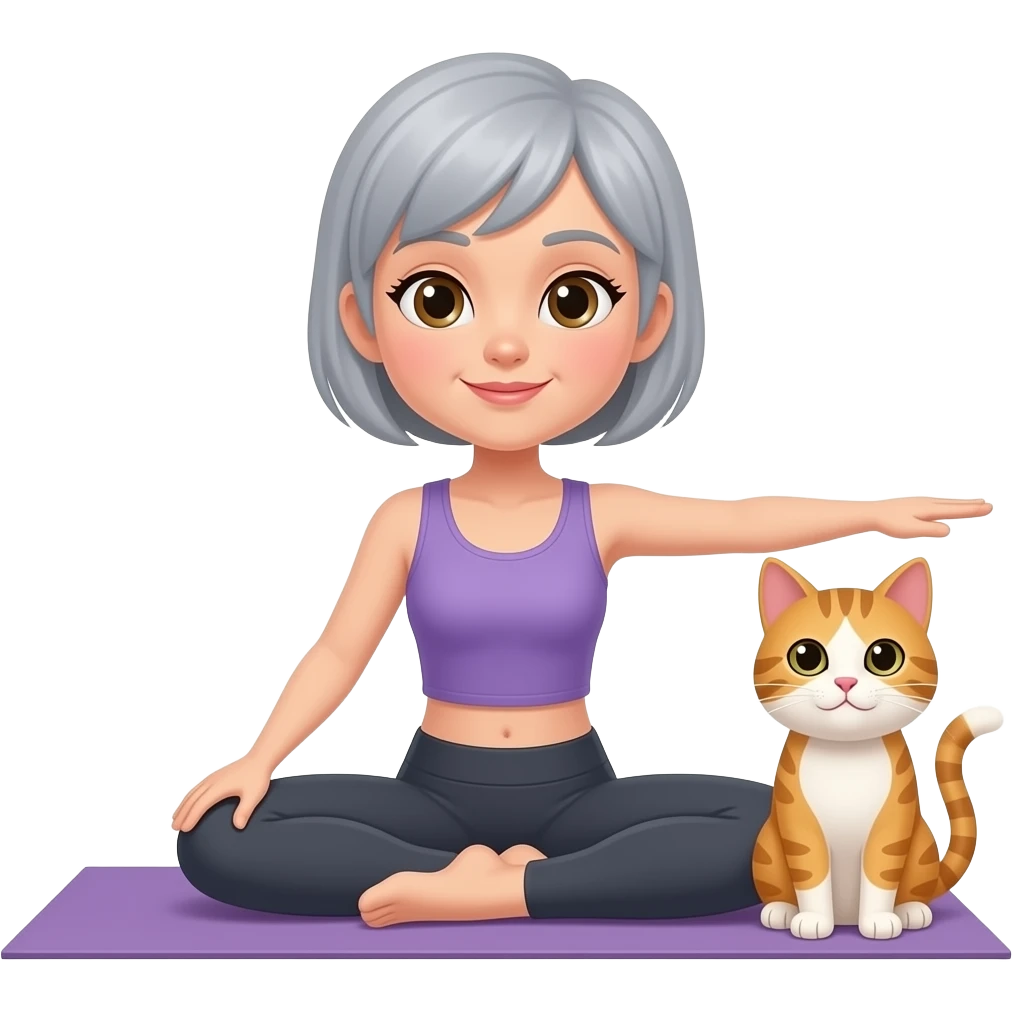 a female short gray hair yoga teacher doing yoga pose with her cat emoji