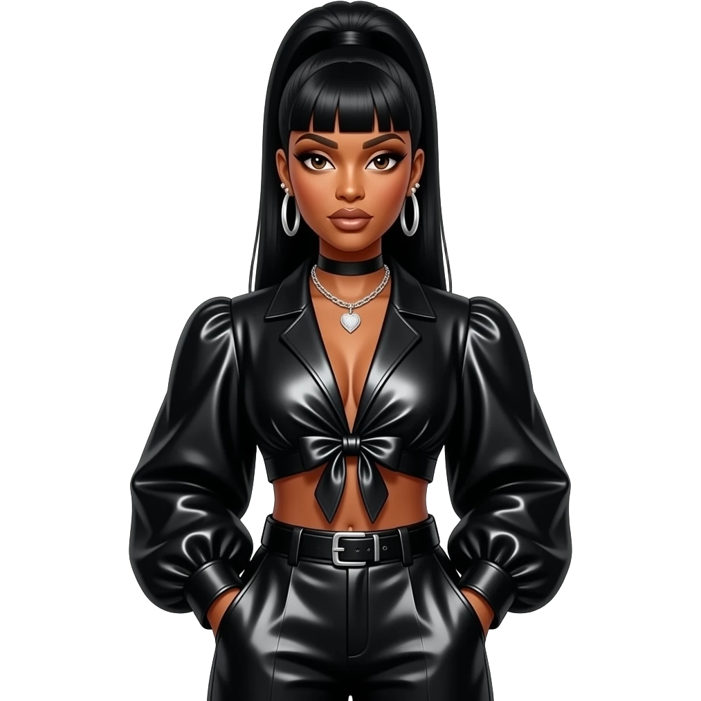 Missy Elliott with dark brown eyes, long black straight high ponytail hair with bang, black metallic sweetheart blouse, black metallic baggy pants, necklace and earrings emoji