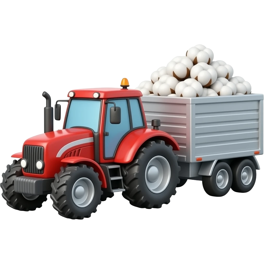 3D emoji style red tractor with attached trailer carrying mountain  of white cotton, harvest scene, cute cartoon style, glossy finish,  Apple emoji aesthetic, white background emoji