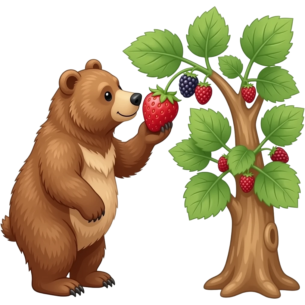 un madroño con un oso al lado que vemos de lateral sobre dos patas como intenta oler una fresa del árbol. Isolated emoji emoji