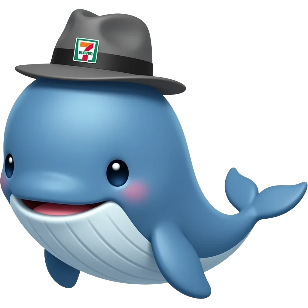 cartoonish blue Whale wearing a 7-eleven branded black and grey fedora emoji