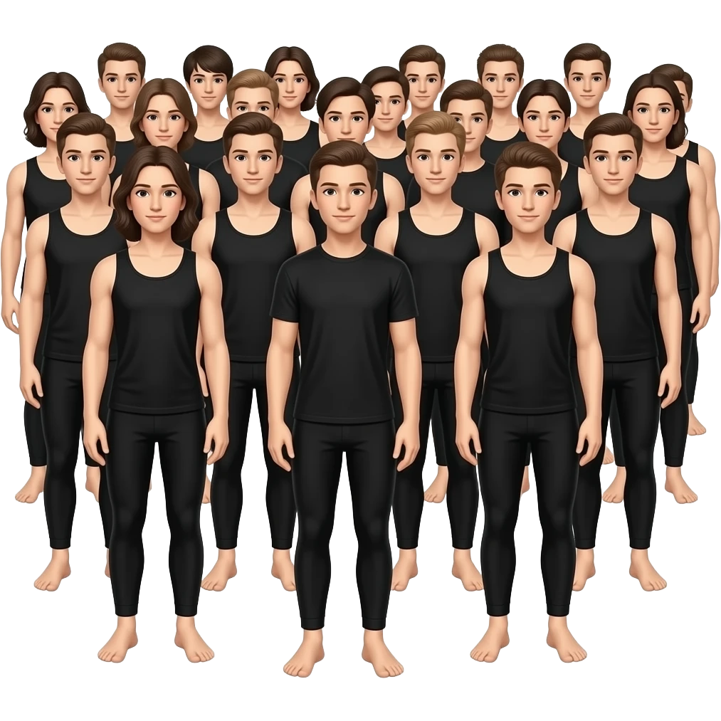 A large group of dancers wearing black workout clothes with bare feet, 3 of which are boys emoji