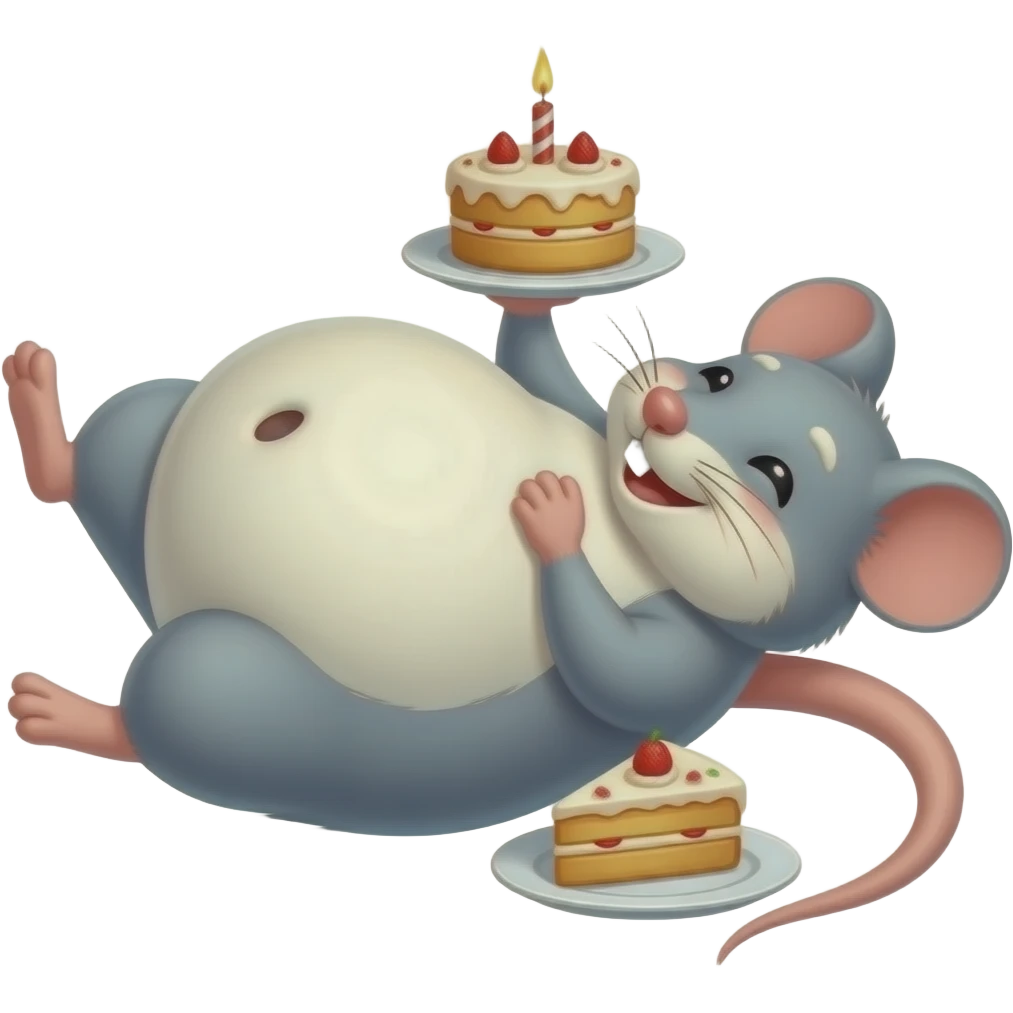 A cute little mouse,gets a giant overstuffed belly,she has eaten entire cake,now she is too full to move and remains stuck on her back,then she finds her well fed Bellybutton and gives it a deep tickle. emoji