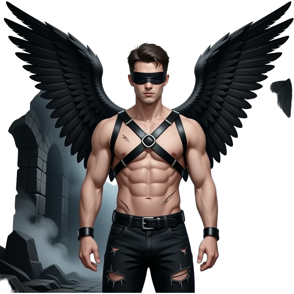 Muscular blindfolded man with massive black angel wings, dark fantasy atmosphere, , smoke and shadows” emoji