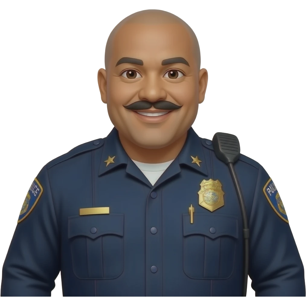 fat filipino police officer with dark skin, bald, pointed moustache, wearing long sleeve dark blue uniform with gold star, smiling, double chin emoji