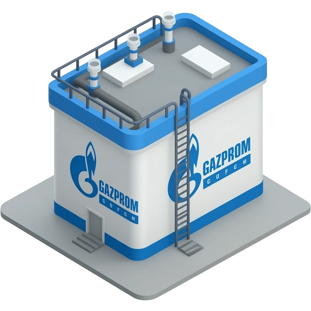Emoji of an oil depot with pipes with the Gazprom icon on the pipes (2-3 pieces) view section of a piece of land small size diagonal view from below emoji