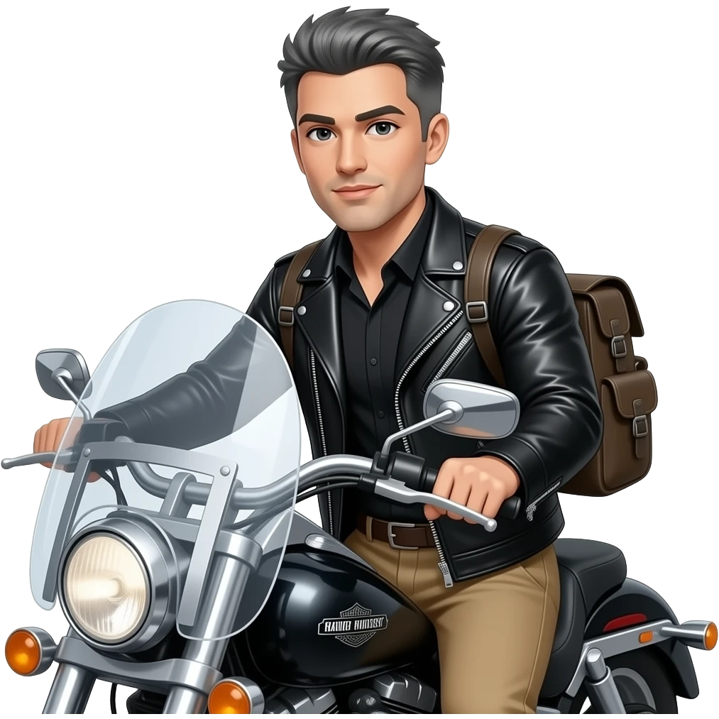 Gray and black short hair clean shaven man with no beard in black leather jacket and black shirt and tan pants riding on a harley with a windshield and saddlebags emoji