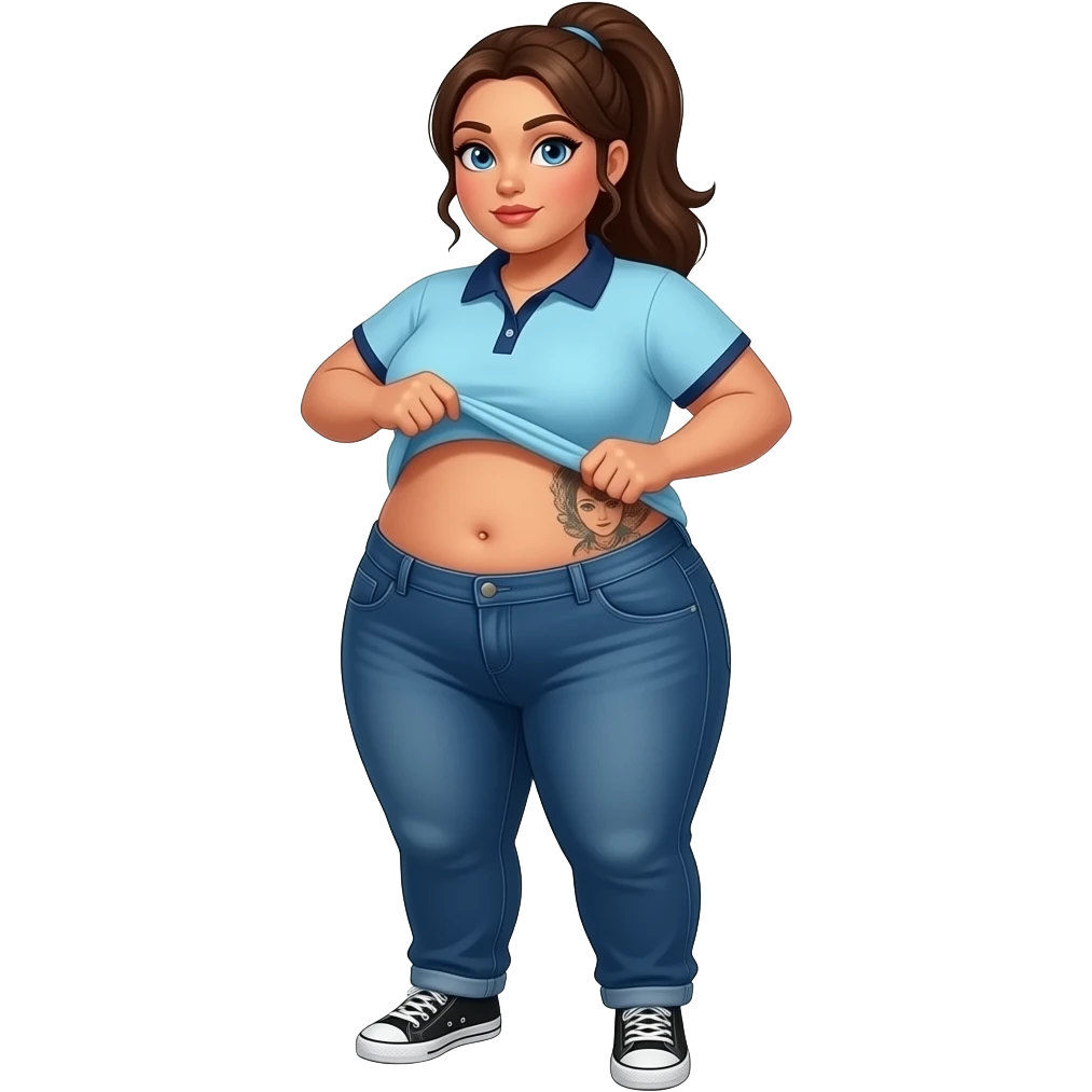 Obese Hispanic woman with brown ponytail and blue eyes light blue dark blue lined polo and dark blue baggy jeans and belly button and black and white sneakers lifting her shirt belly tattoo on front emoji