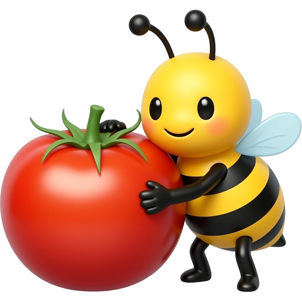 a yellow face cute bumblebee character hugging a big cherry tomato emoji