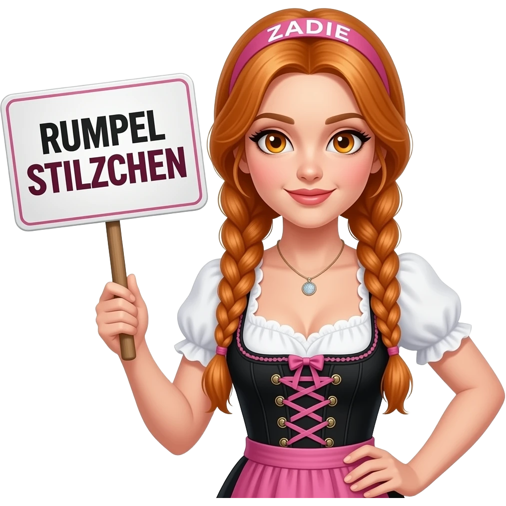 sexy girl with overlong ginger braids and ginger eyes wearing a black pink dirndl and a pink headband with ZADIE written on it, is holding a sign with RUMPEL STILZCHEN written on it emoji