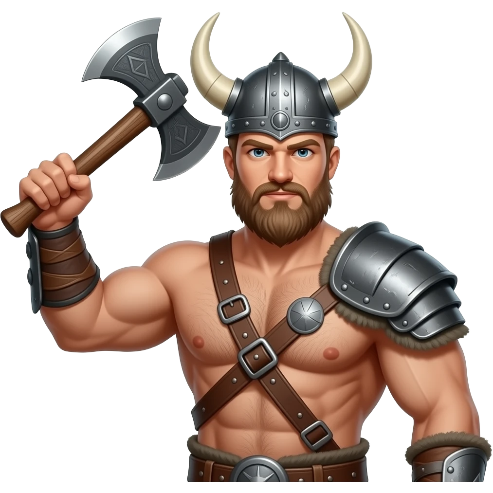 Nahaufnahme von einem Vikinger mit nackten muskulösem körper und einer behaarten und kräftigen männlichen Brust, mit Leder Riemen und Schulterpanzer. Er schwinkt eine Axt mit seiner rechten Hand und trägt ein Helm mit Hörnern und Bart emoji
