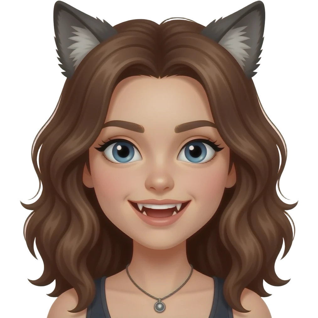 Werewolf girl with brown hair wavy hair, fangs teen emoji