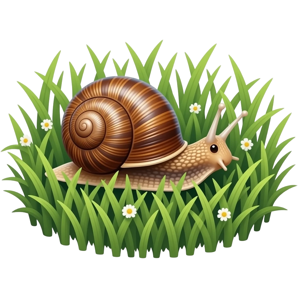 Photorealistic macro photo sticker of a real garden snail crawling through dense silver-green grass blades with tiny wild seeds, glossy brown striped shell, wet skin, no caterpillars, no thick branches, realistic die-cut sticker look, white outline emoji