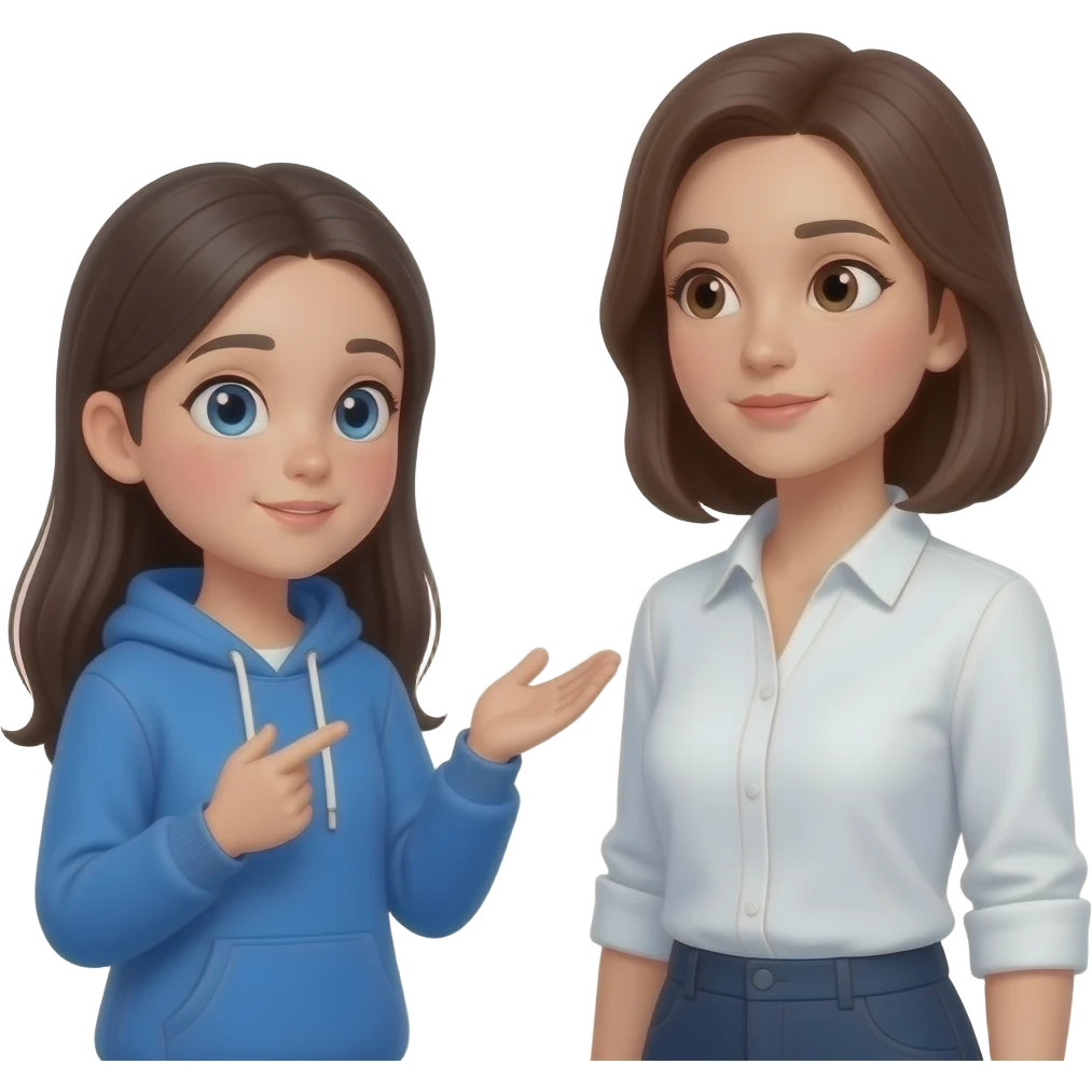 teen girl long hair, asking adult women  a question women straight face emoji