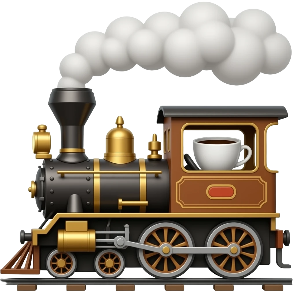 A coffee train that is a mashup of the steam train with a cup of coffee. The coffee cup should be visible instead of the divers cabin. The steam from the coffee can also come out the chimney of the train. emoji