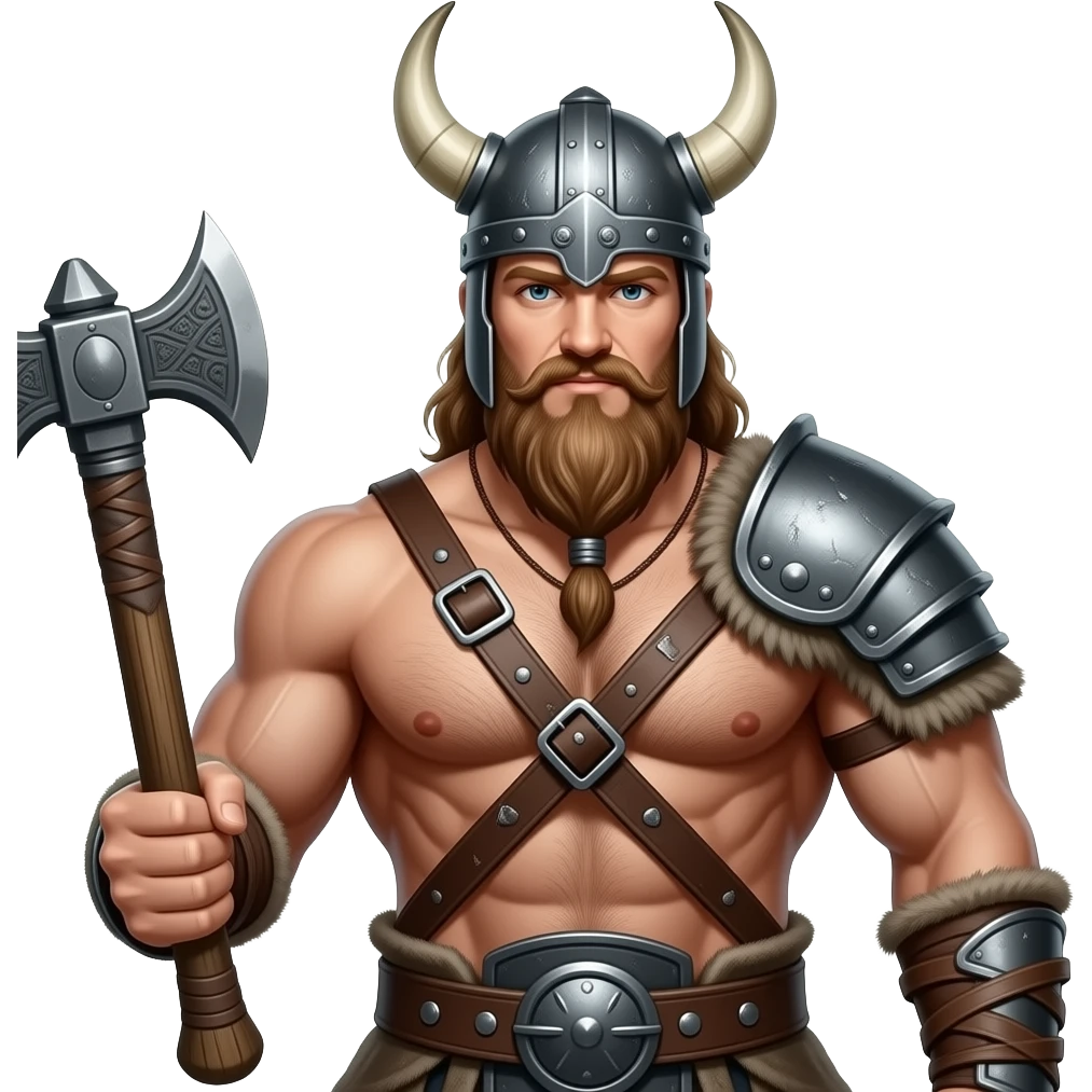 Vikinger mit nackten muskulösem körper und einer behaarten und starken Brust, mit Leder Riemen und Schulterpanzer. Er schwinkt eine Axt und trägt ein Helm mit Hörnern und hat ein langen Bart emoji