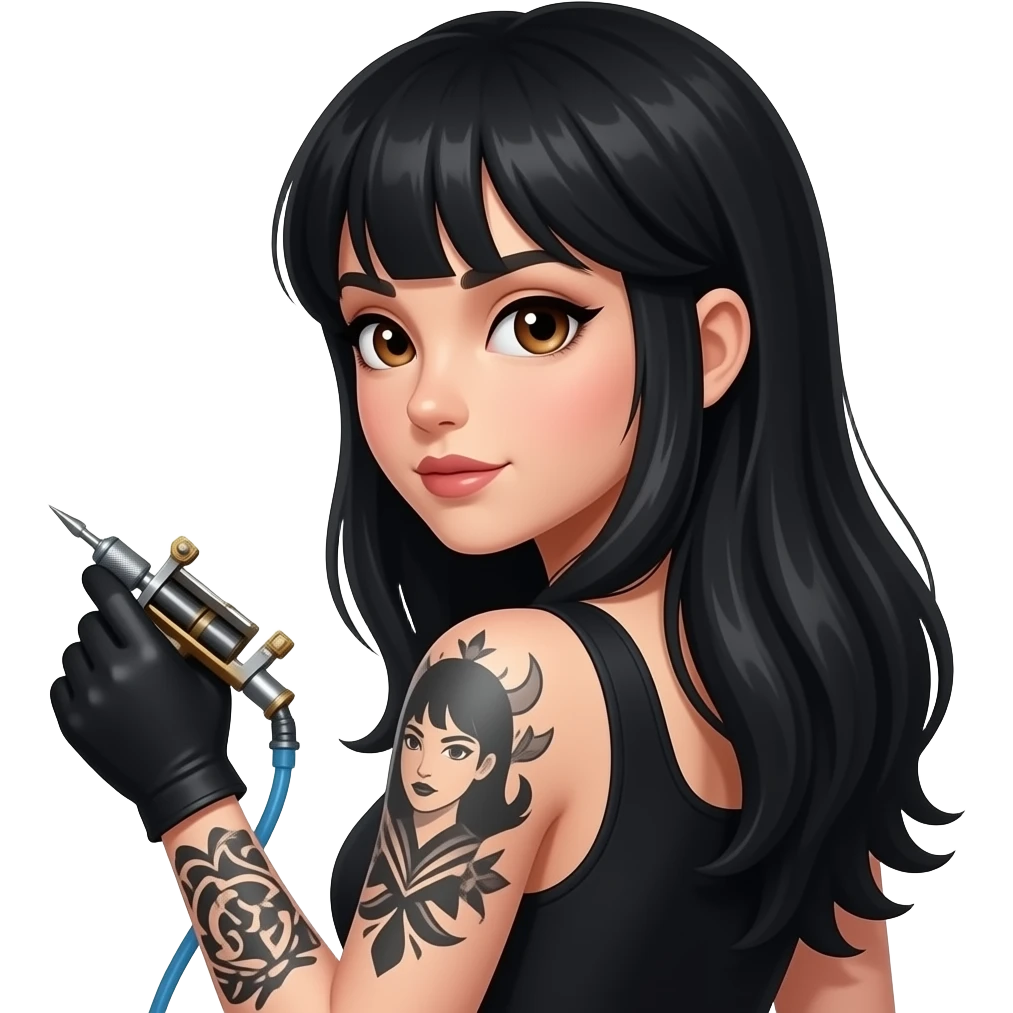 woman with dark brown eyes very long black hair with half a sleeve holding a tattoo machine facing back no glove get rid of the bangs emoji