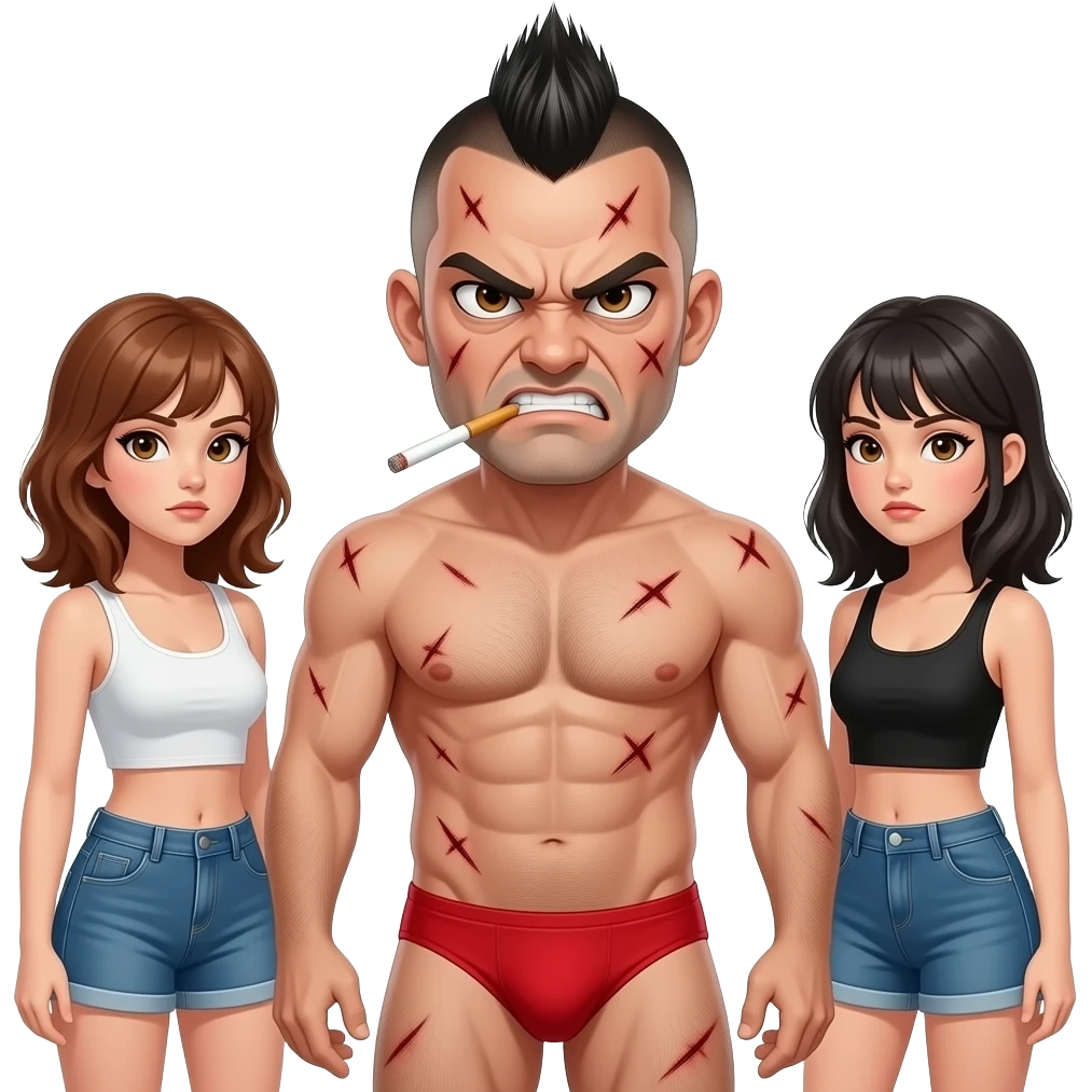 absolute beast with red pantie. I need his face to be angry and more agressive. mohawk hair. he should have cigarette. need some scars in his face. need some girls around him emoji
