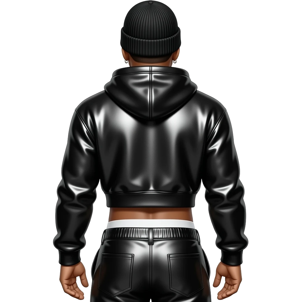 LL Cool J from behind with black metallic beanie, black metallic sweatshirt crop top, black metallic saggy pants with white undies emoji