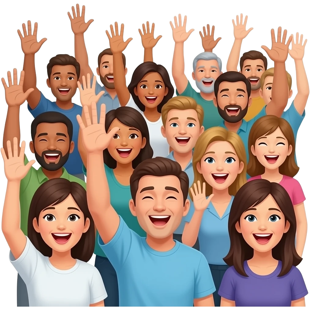 많은 사람들이 손들고 외침 emoji