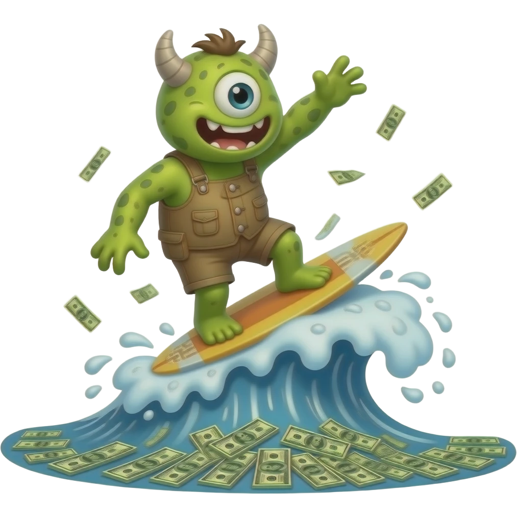 cartoon monster surfing up a wave of money emoji
