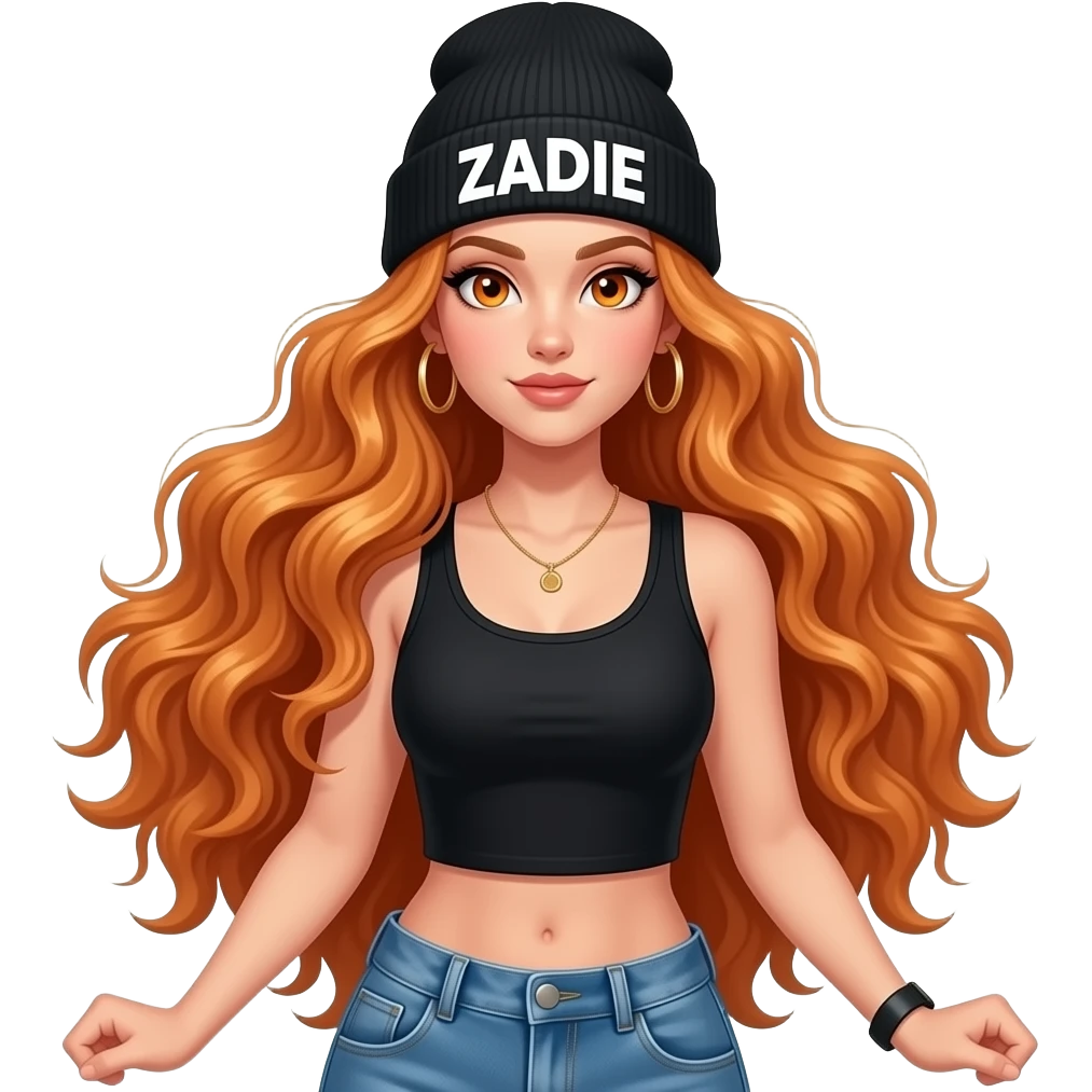 sexy girl with overlong wavy ginger hair and ginger eyes wearing a black tanktop and a black beanie with ZADIE written on it, is dancing in hip hop clothes emoji