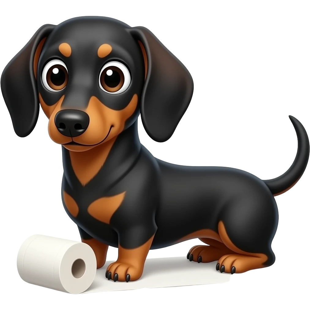 whimsical dachshund wide eyes full body sitting on a toilet paper emoji