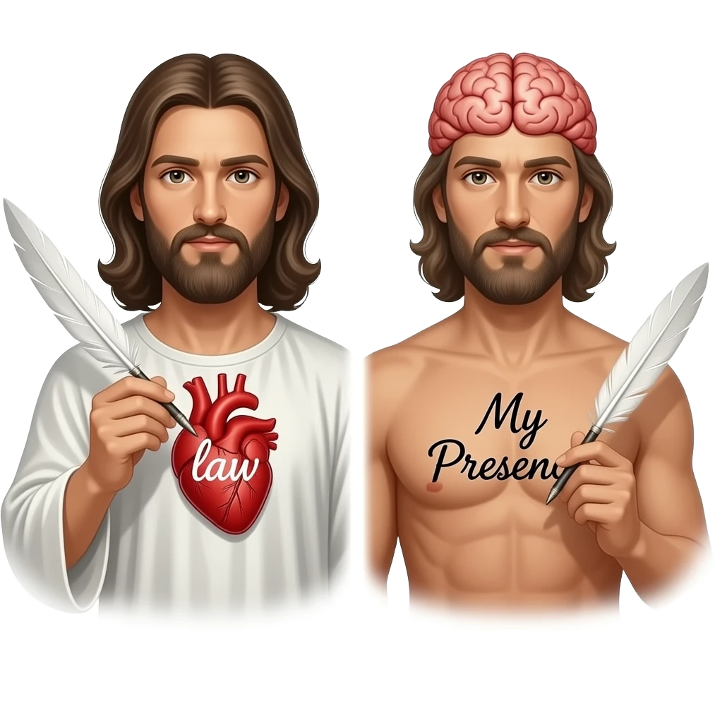 God (NOT JESUS) using a quill and writing on the open heart of a man the word "law" Next to him, there is a similar scene with God writing onto a man;s brain "My Presence" emoji