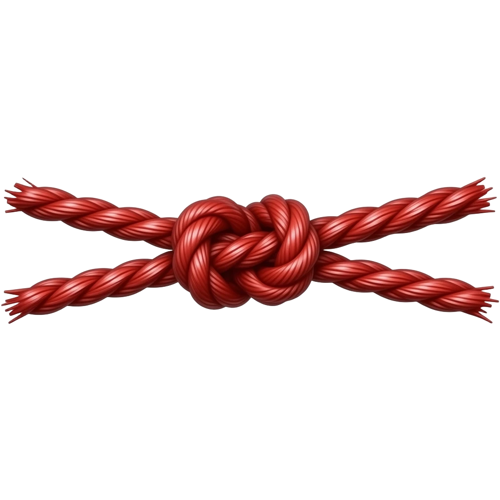 two lines of thin red string knotted together at the middle, realistic looking string, thinner, less reflective like actual string emoji