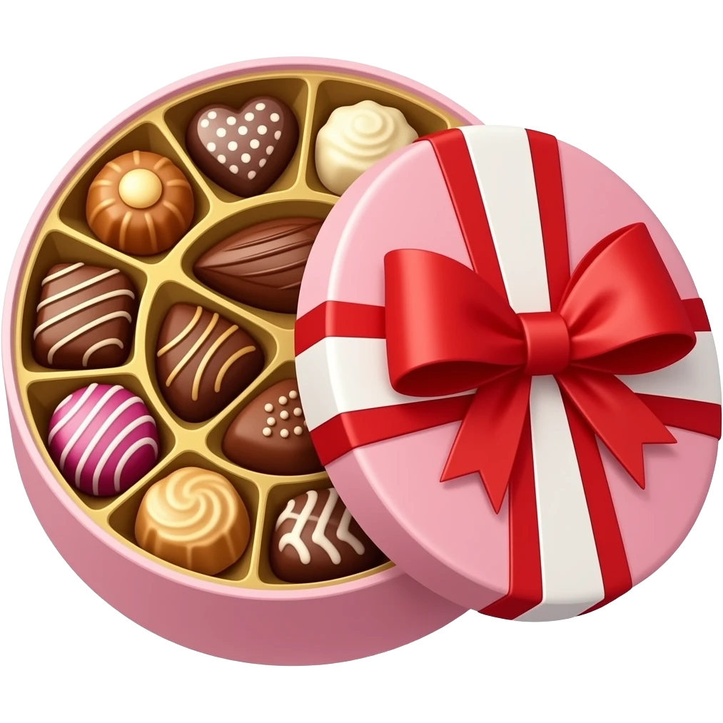 A valentine day circle box of chocolate open with chocolates inside emoji