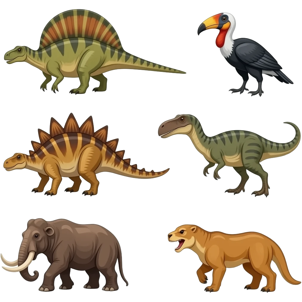 Spinosaurus and terror bird vs Dimetrodon and allosaurus vs Quetzalcoatlus and Baryonyx vs mastodon and smilodon emoji