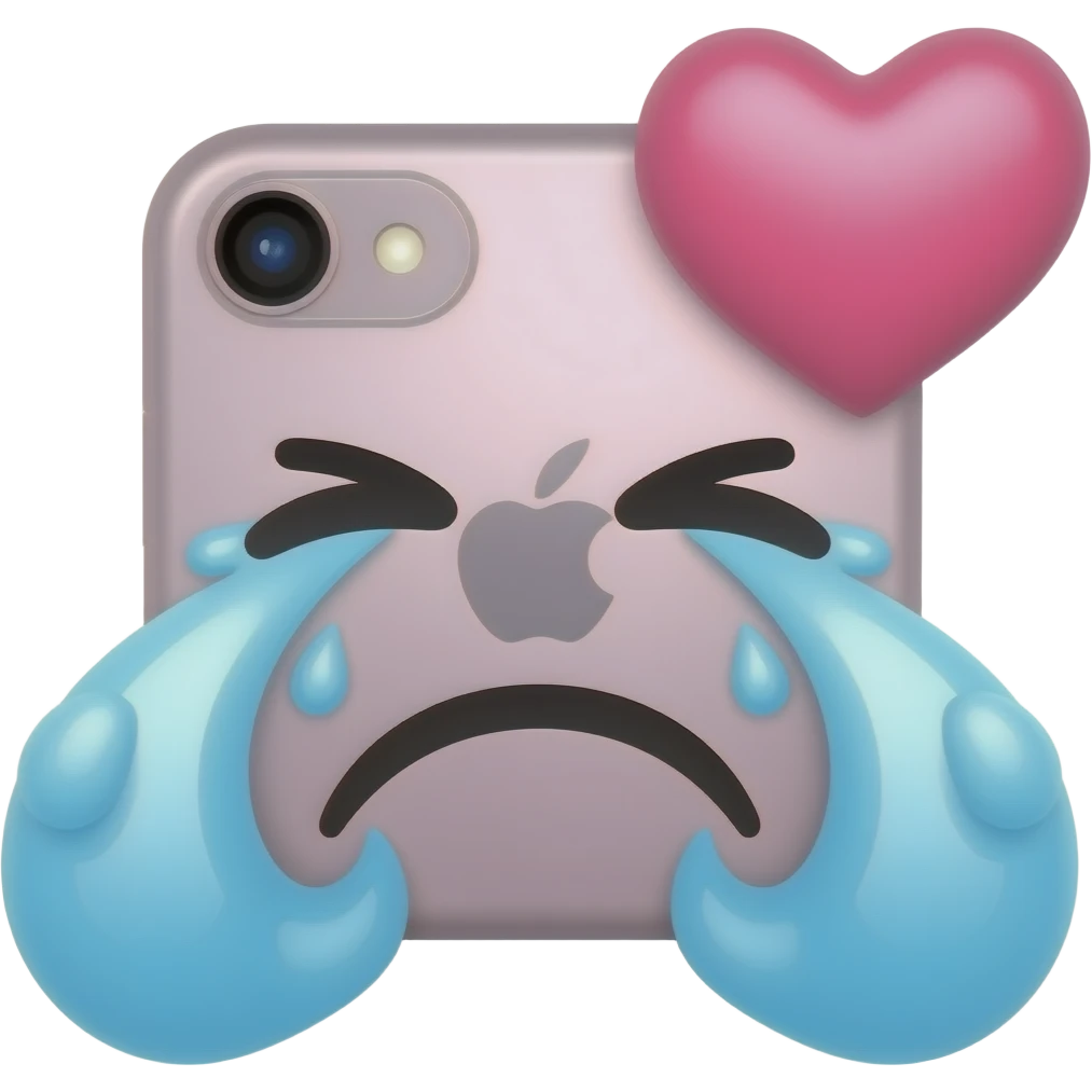 울고있는 아이폰 얼굴 이모지. 눈물은 분홍색, 하트가 달렸음. emoji