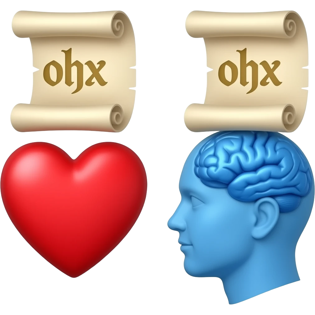 The heart and the mind next to each other with a scroll on top of each one. emoji