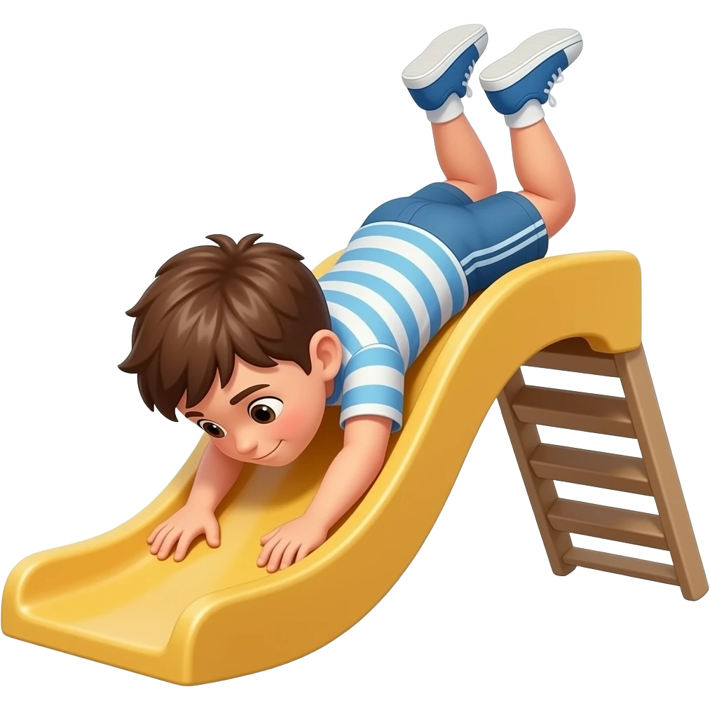 Лето мальчик съезжать  с пластмасовой  горки головой вниз emoji