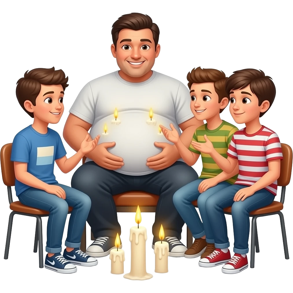 Są 4 chłopaki mają 14 lat i są w ciąży któryś z nich taki duży brzuch że ma trzy brzuchu i świecą na krześle i rozmawiają emoji