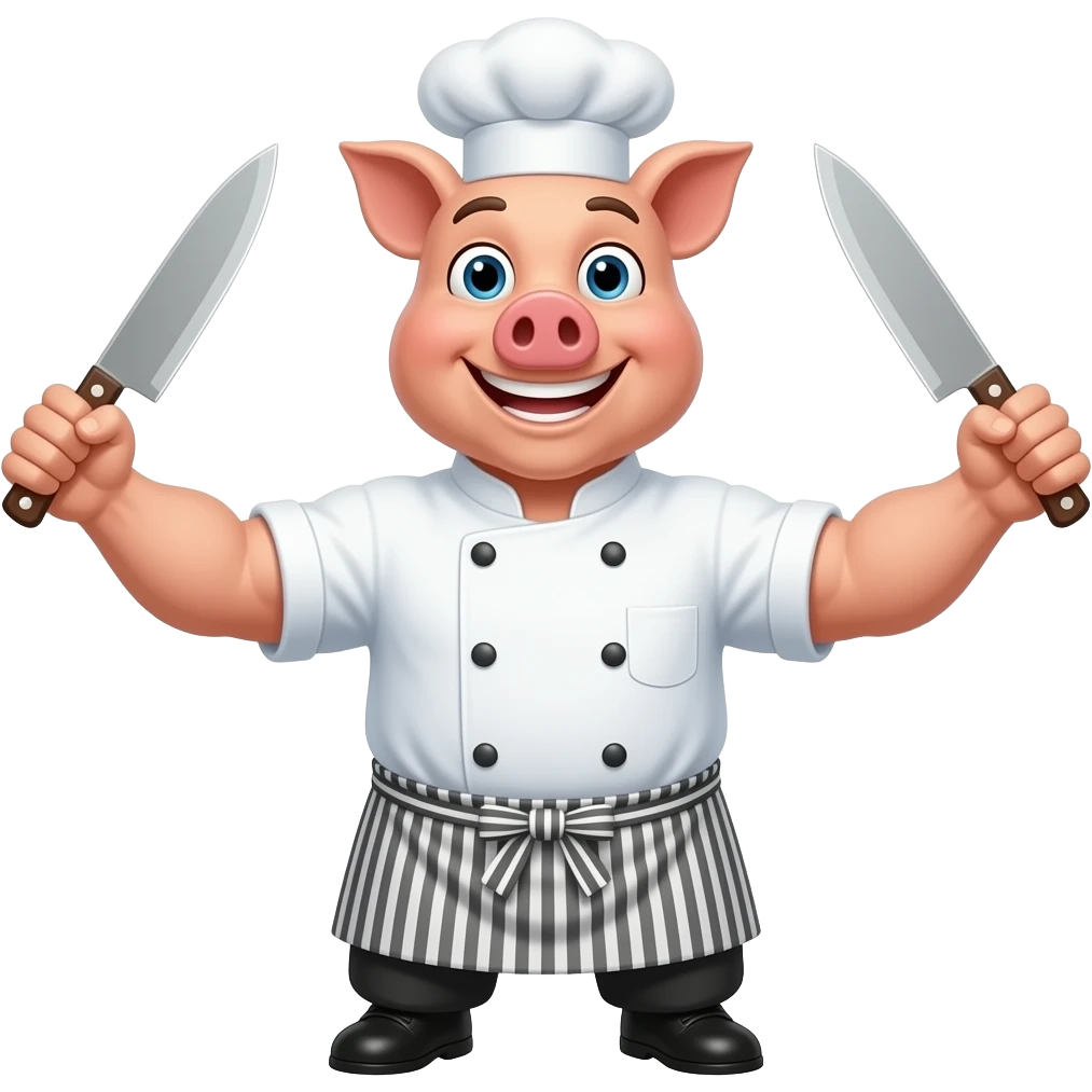 sanglier cuisinier content grand sourire deux couteau a la main + muscle couleur claire et animer joyful fond claire emoji