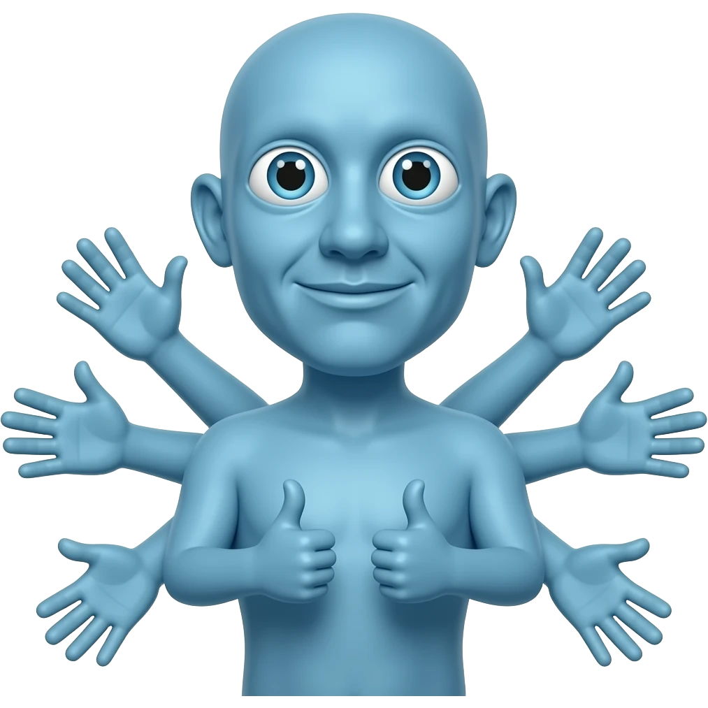 cartoon exteme blue  cross eyed Guy with four noses and three ears and 6 hands with an absurdly long neck no body, giving a thumbs up emoji