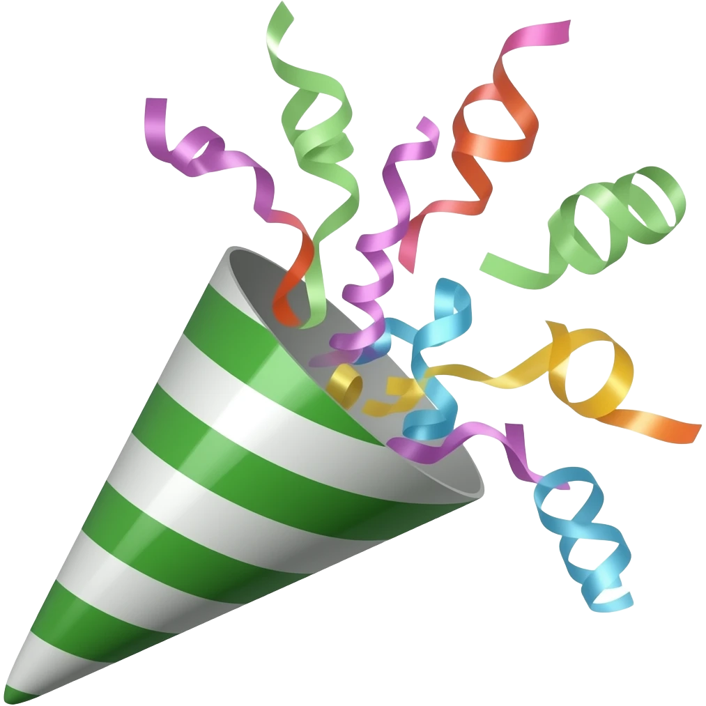 ios emoji style green party popper  with confetti flying out from inside emoji
