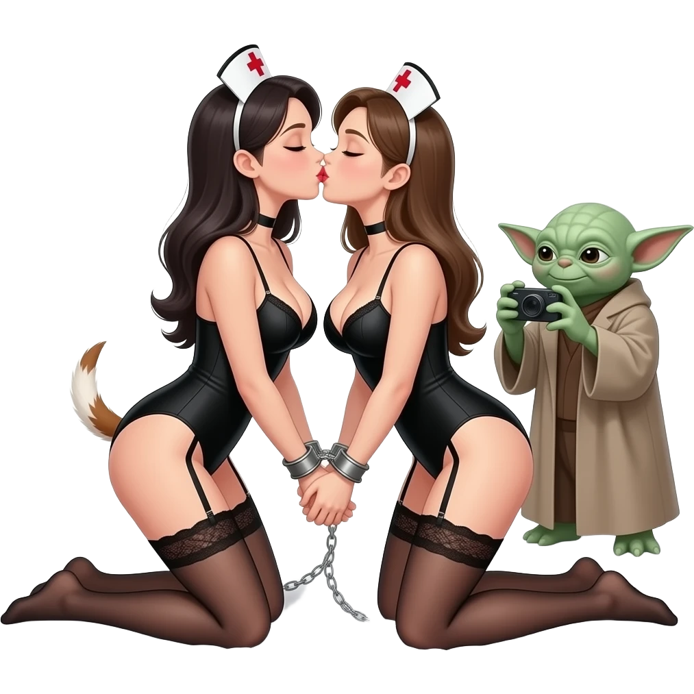 2 nurses, and a tall Yoda , kissing one red the other in long black lingerie and garter belts, one doggy style, one missionary position, on bed, large breasts, handcuffed together with A tall Yoda taking pictures emoji