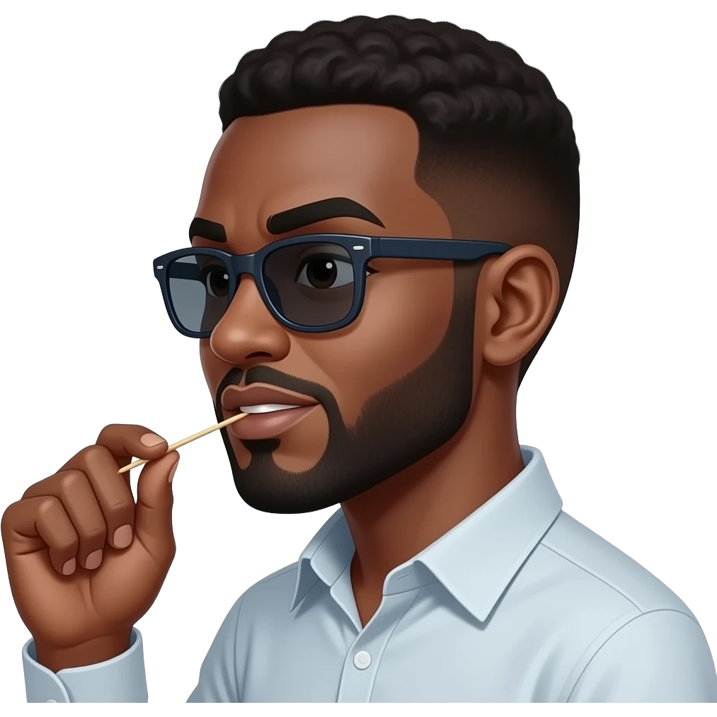 Serious side zed mouth one eye brow upafrican  face wear sun glases and shirt with toothpick in the mouth emoji