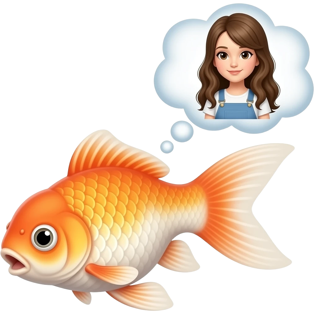 Goldfish thinking of long haired girl in thought bubble emoji