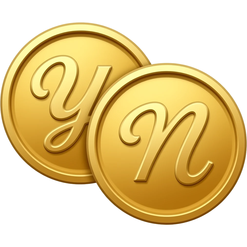 2 gold coins one with the letter "Y" and the other with the letter "N" written in cursive letters side by side apart emoji