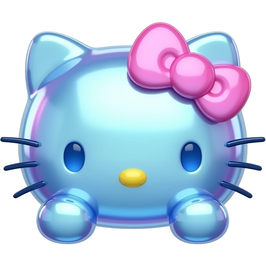 Shiny 3d holographic blue and pink colored glass hello Kitty head with front paws emoji